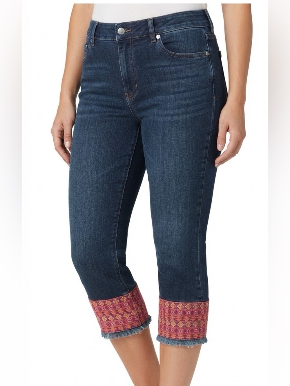 Chico's (2) Platinum Capris Dark Blue Denim Jeans with Red Patterned Hem Size 12